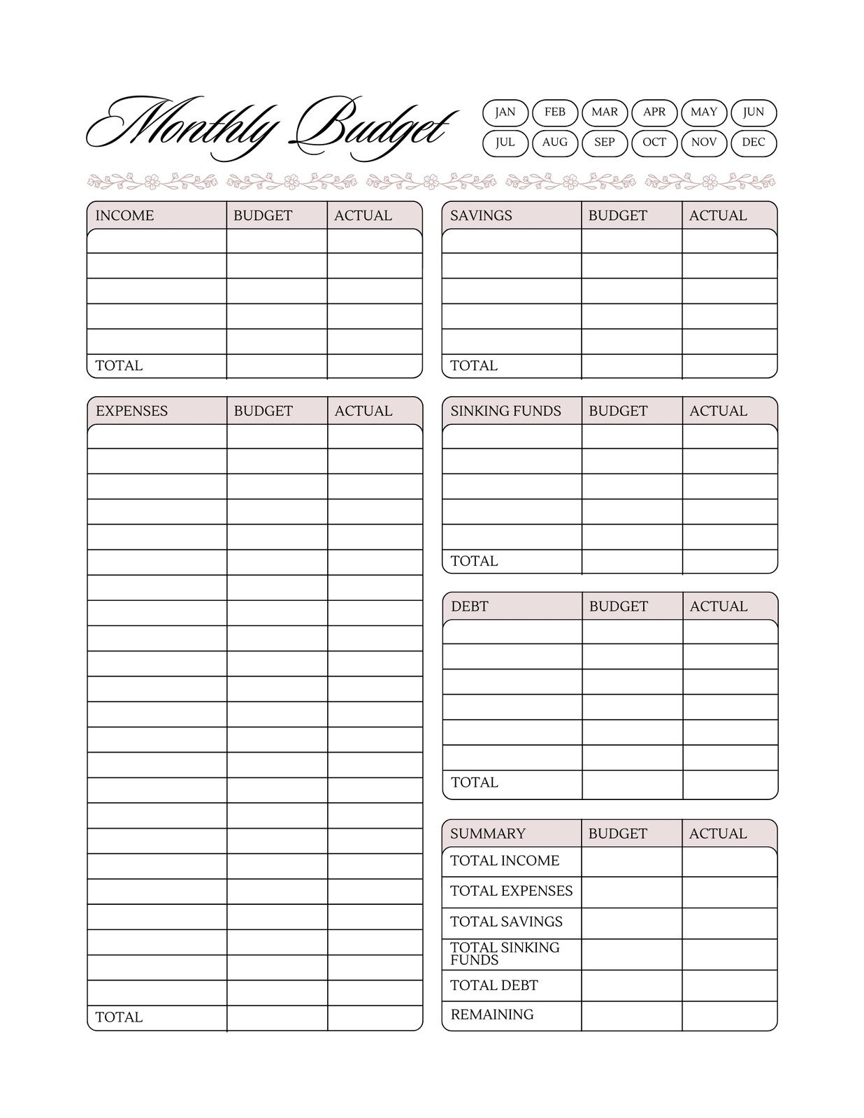Monthly Budget Worksheet Printable