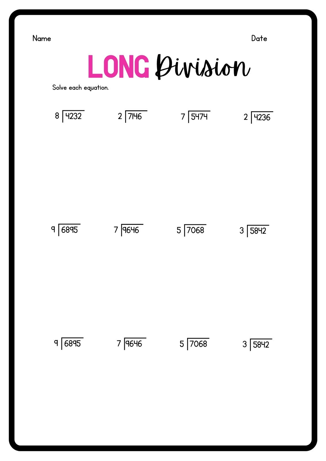 Printable Long Division Worksheets