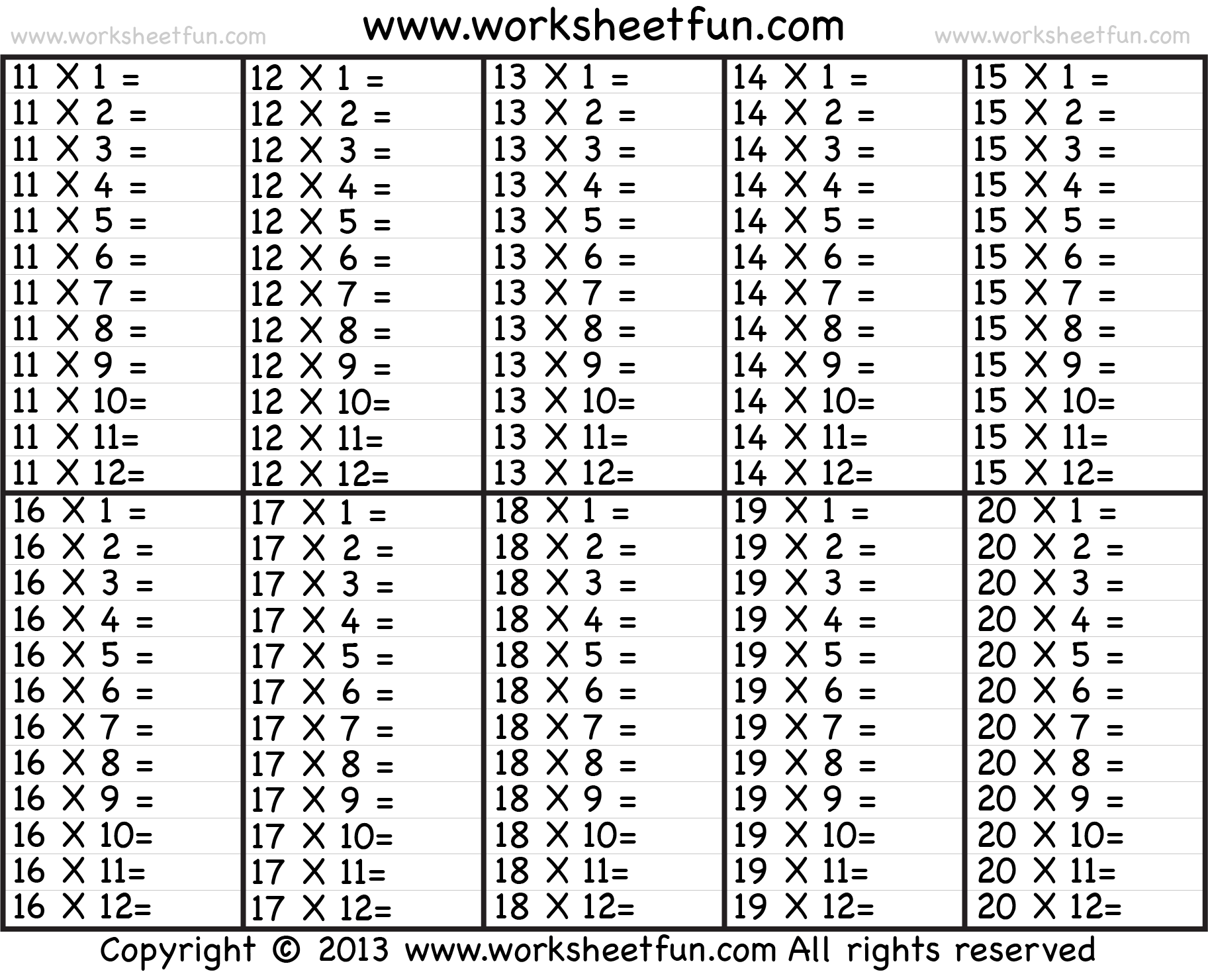 Times Table 2 12 Worksheets 1 2 3 4 5 6 7 8 9 10 11 12 13 14 15 16 17 18 19 And 20 FREE Printable Worksheets Worksheetfun