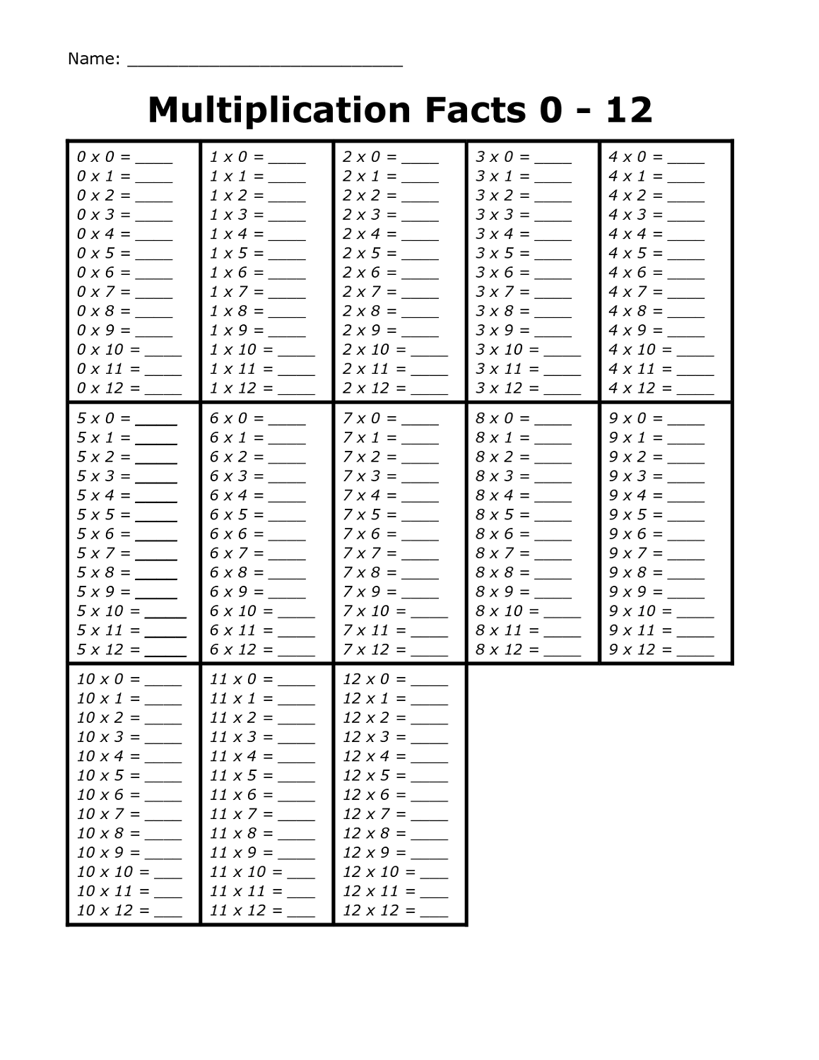 Times Tables Worksheets 1 12 Printable