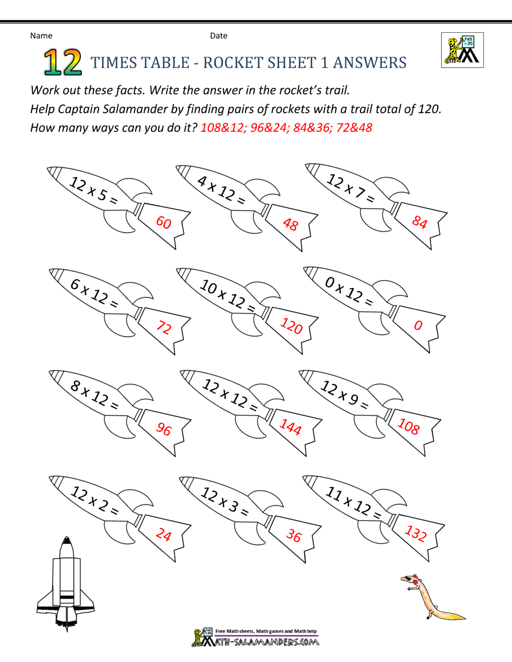 12 Times Tables Worksheets
