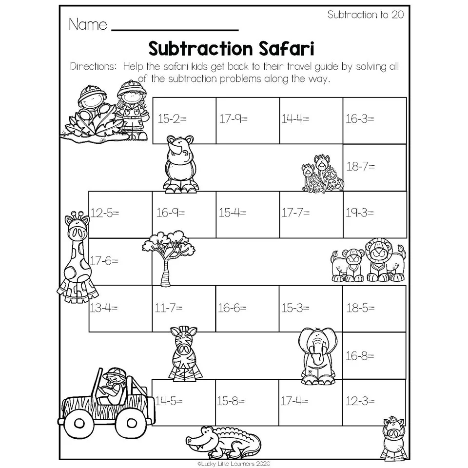 2nd Grade Math Worksheets Operations And Algebraic Thinking Subtraction To 20 Subtraction Safari Lucky Little Learners