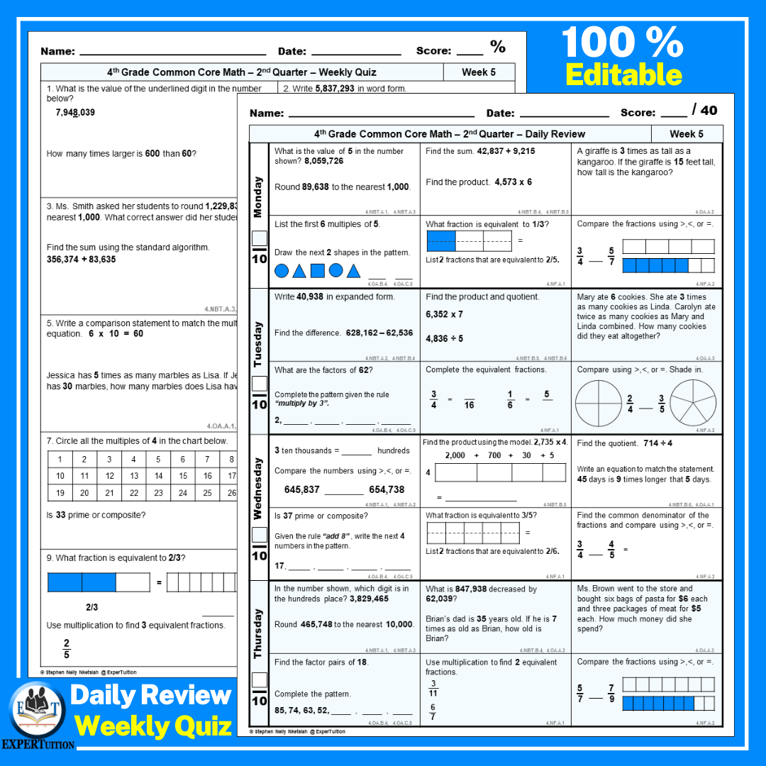 4th Grade Math Spiral Review Worksheets Q 2 ExperTuition