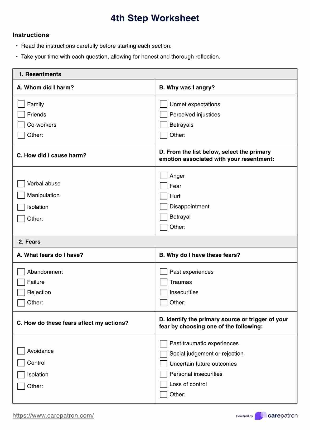 4th Step Worksheet Example Free PDF Download