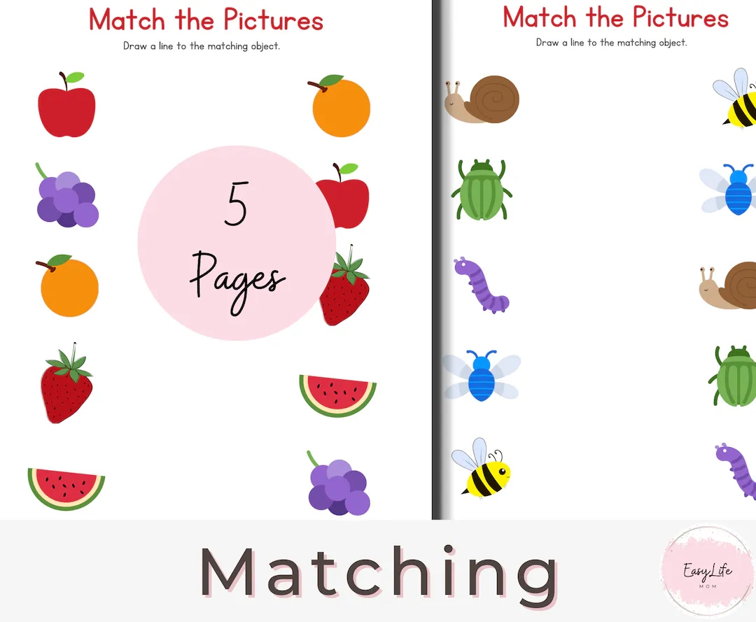 5 Printable Matching Worksheets Match The Picture Prek Worksheets Kindergarten Printables Learning Activities VPK Homeschool Etsy
