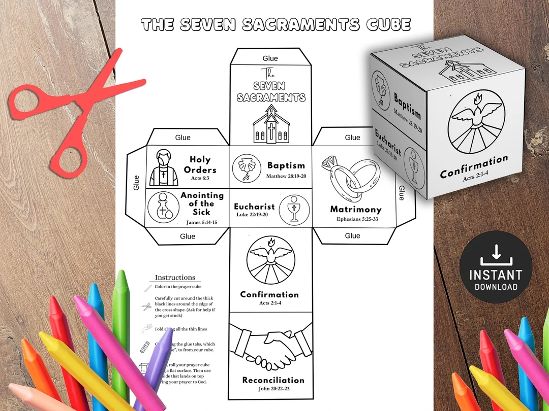 7 Sacraments Cube Printable Bible Activity Watercolor Kids Bible Lesson Memory Game Sunday School Christian Crafts Paper Crafts Etsy