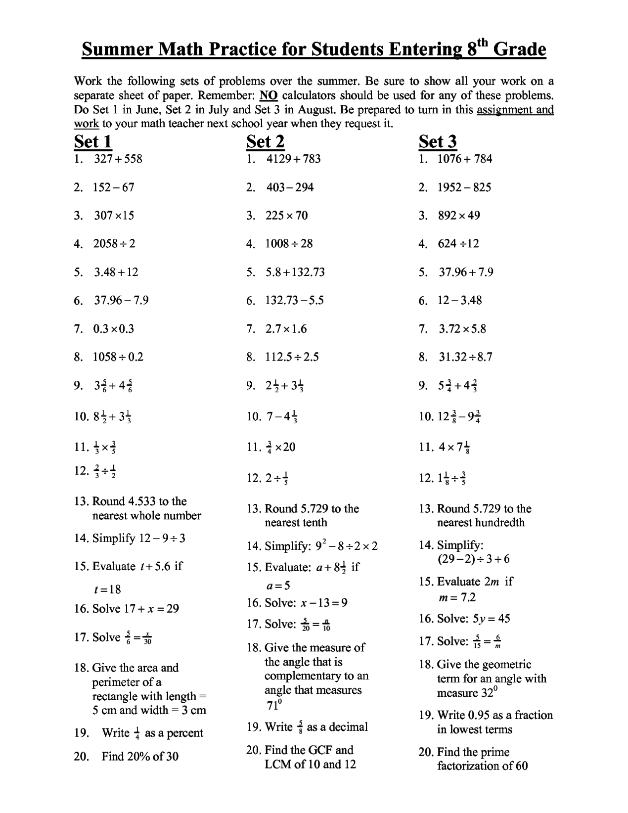 Free Math Worksheets For 8th Graders Printable