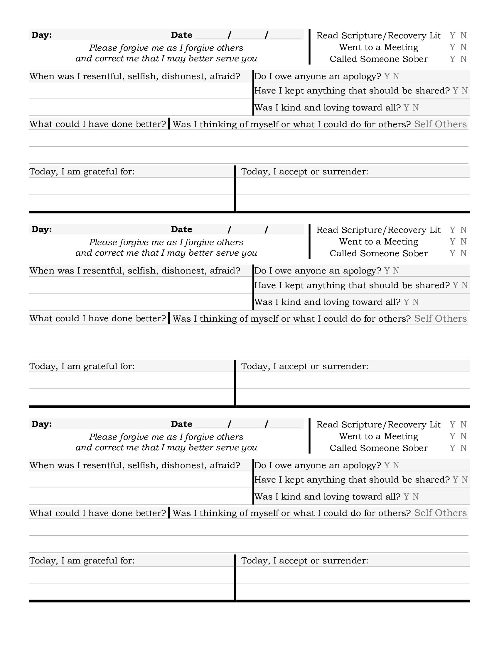 AA Step 10 Nightly Inventory Worksheets Worksheets Library