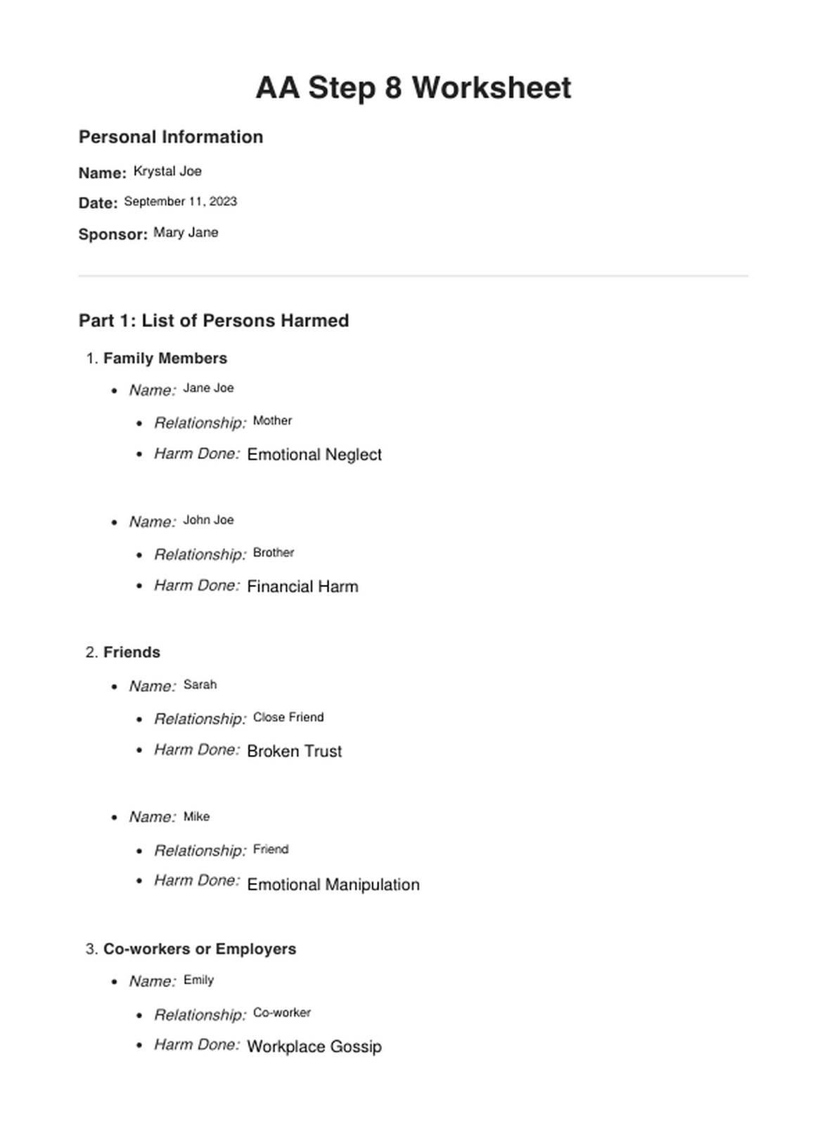 Printable A.A. 4th Step Worksheets Pdf
