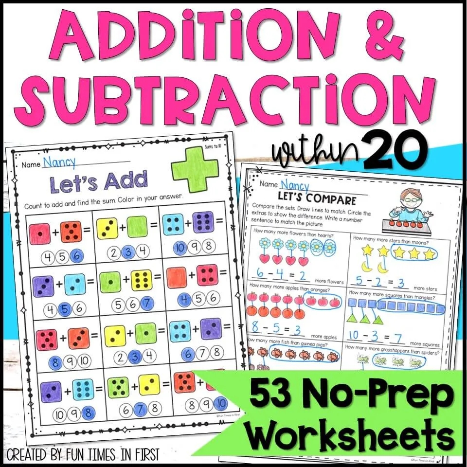 Addition And Subtraction Within 20 NO PREP Printable Worksheets 1st Grade Fun Times In First