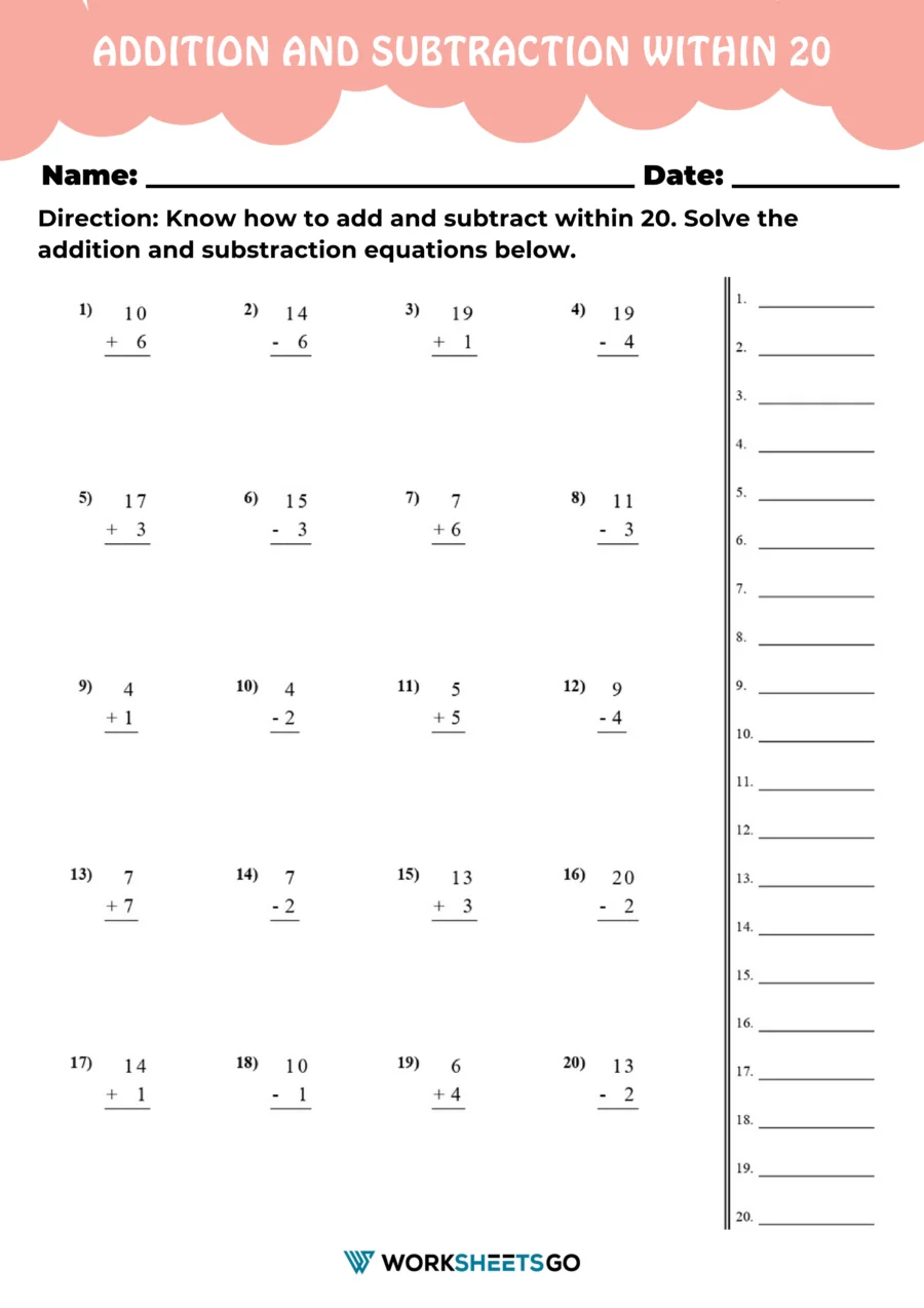 Addition And Subtraction Within 20 Worksheets 2 WorksheetsGO