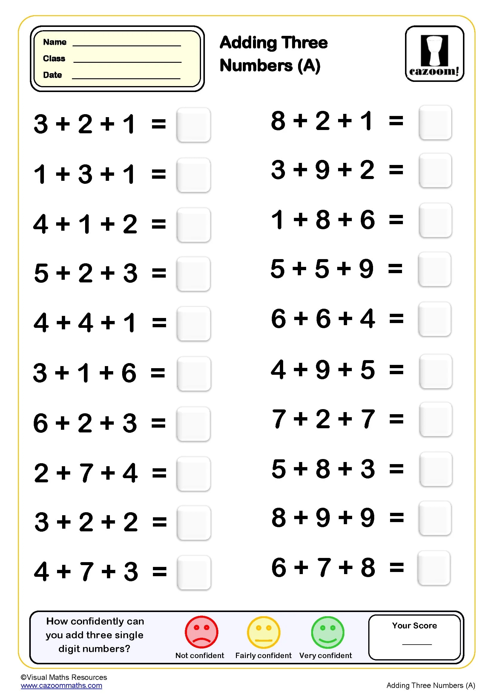 Addition Drills With Three Numbers Worksheet A PDF Printable Addition Worksheets