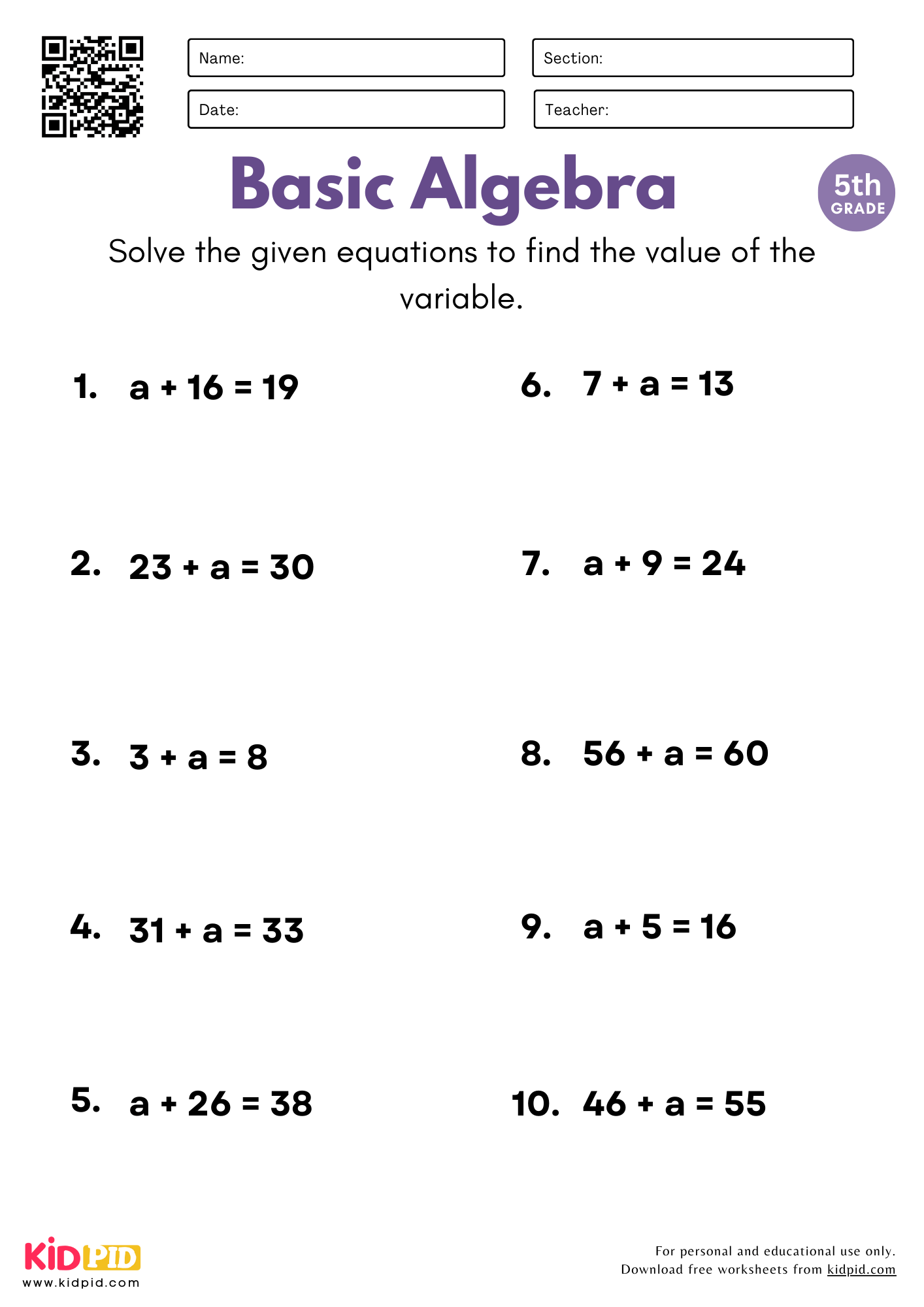 Basic Algebra By Addition Worksheet For Grade 5 Kidpid