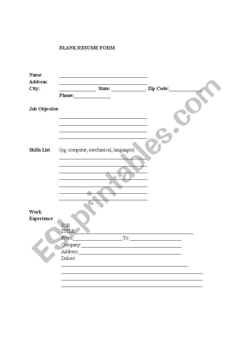 Blank Resume Form For ESL Job Seekers ESL Worksheet By Walshn Blank Resume Form For ESL Job Seekers ESL Worksheet By Walshn