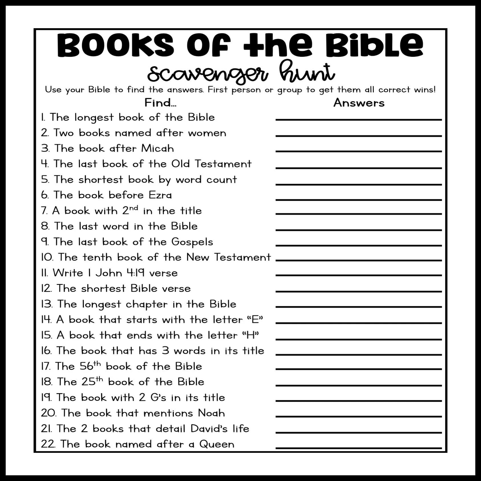 Books Of The Bible Scavenger Hunt Game Printable Church Game Women s Group Game Sunday School Game Activity Bible Game Youth Group Game Etsy