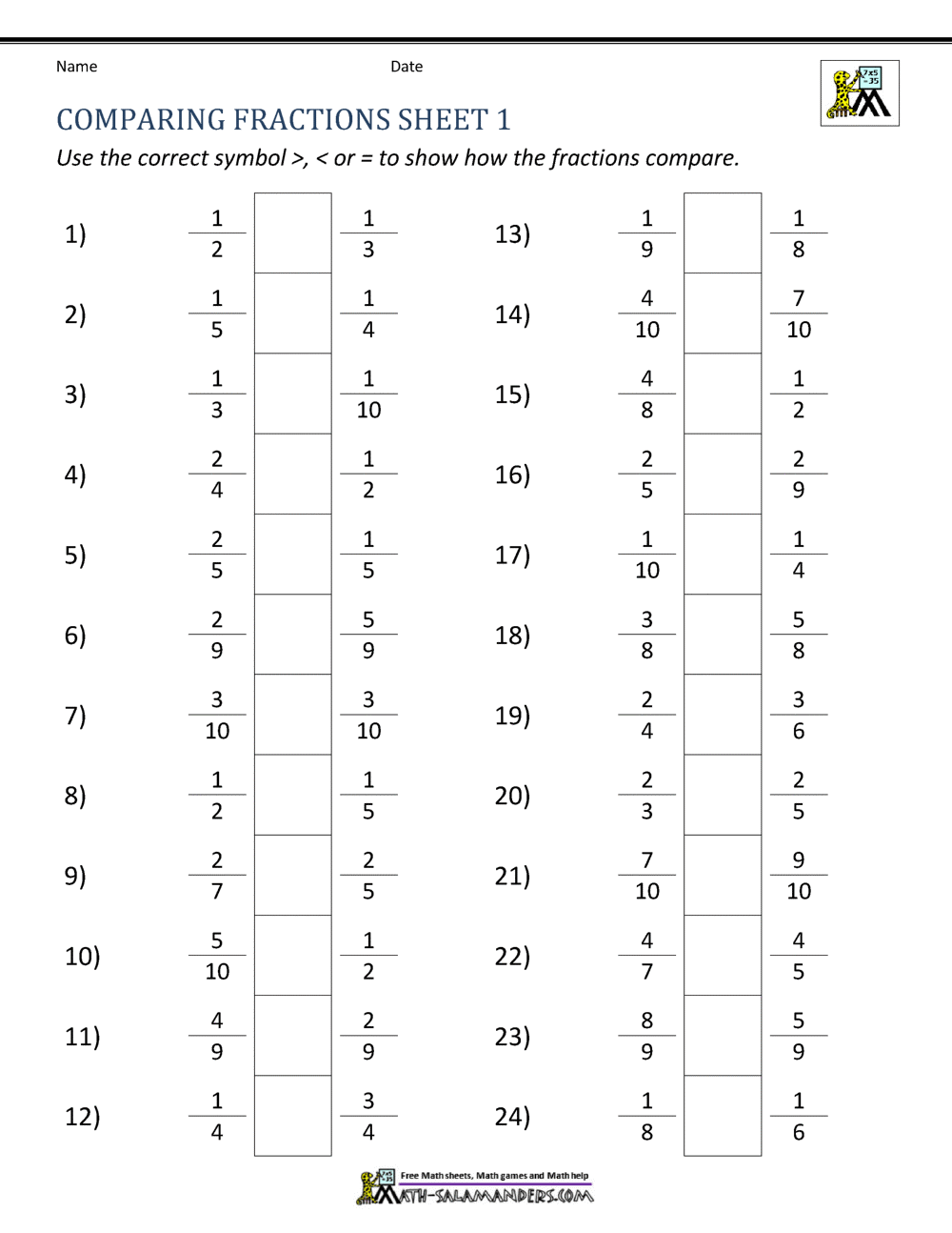 Free Printable Fraction Worksheets