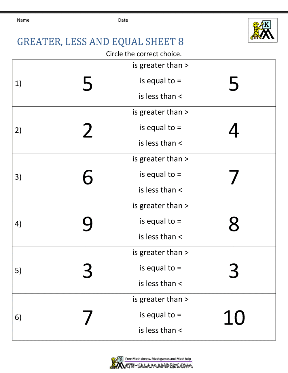 Comparing Numbers Worksheet Comparing Numbers And Amounts Up To 10