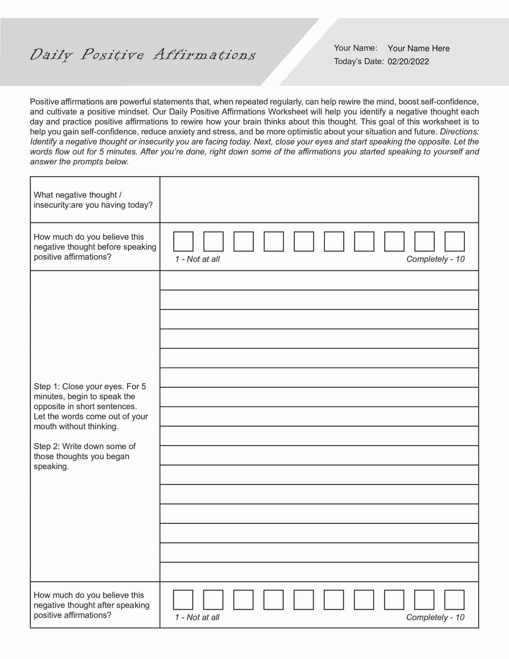Daily Positive Affirmations Worksheet PDF Daily Positive Affirmations Worksheet PDF