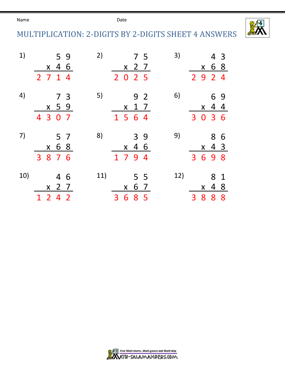 Multiplication Math Worksheets Printable