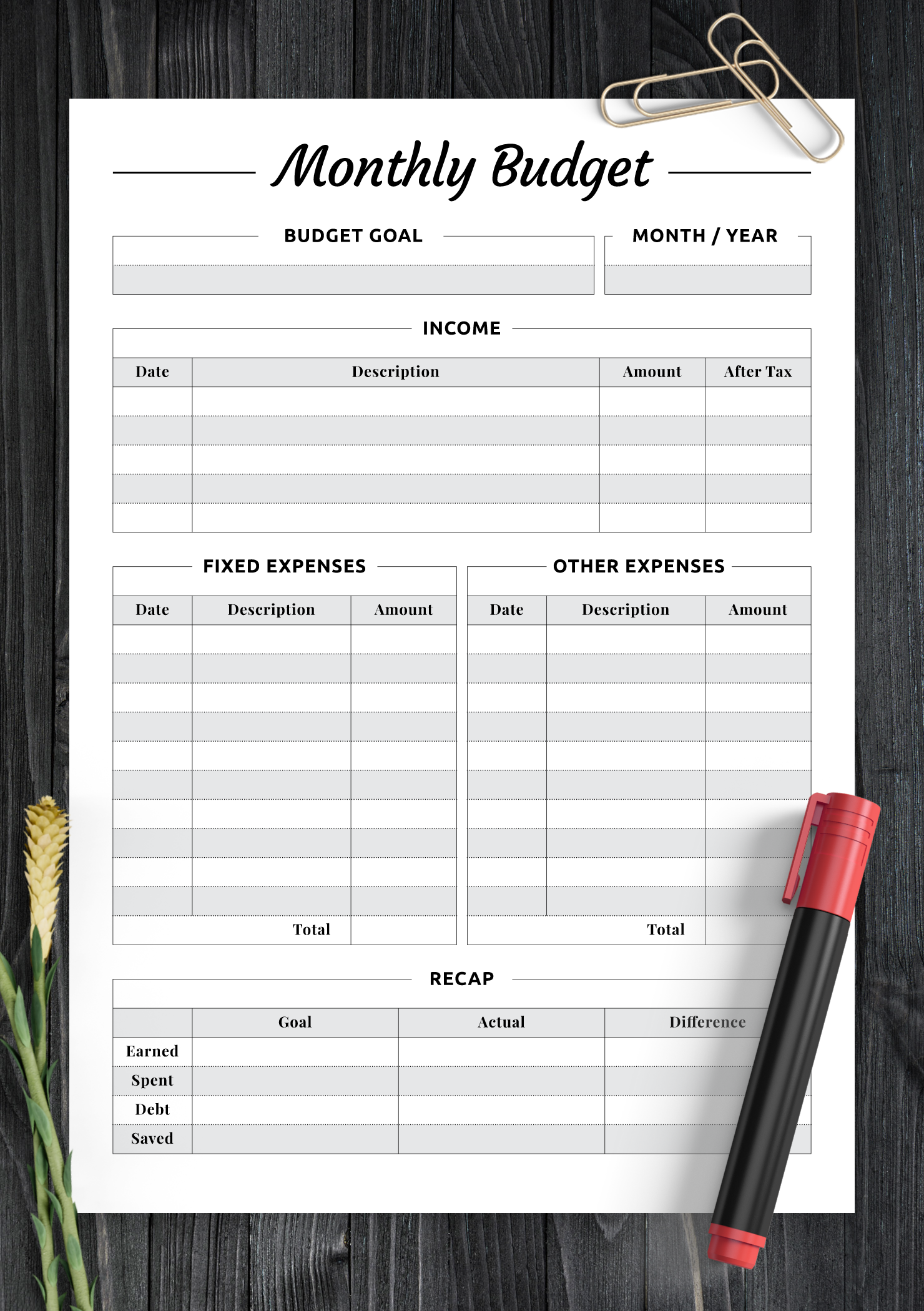 Download Printable Monthly Budget With Recap Section PDF Download Printable Monthly Budget With Recap Section PDF