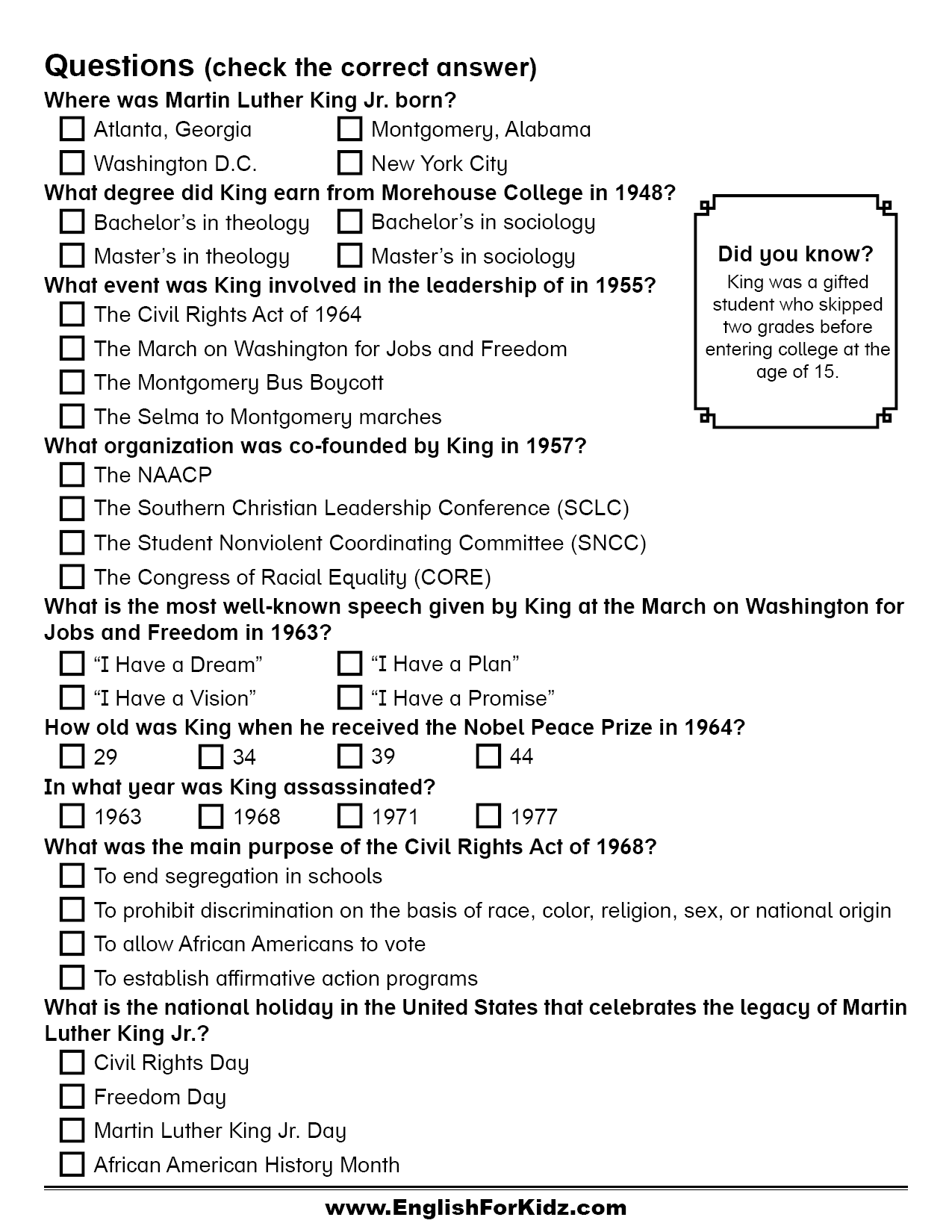 Martin Luther King Worksheets Free Printable