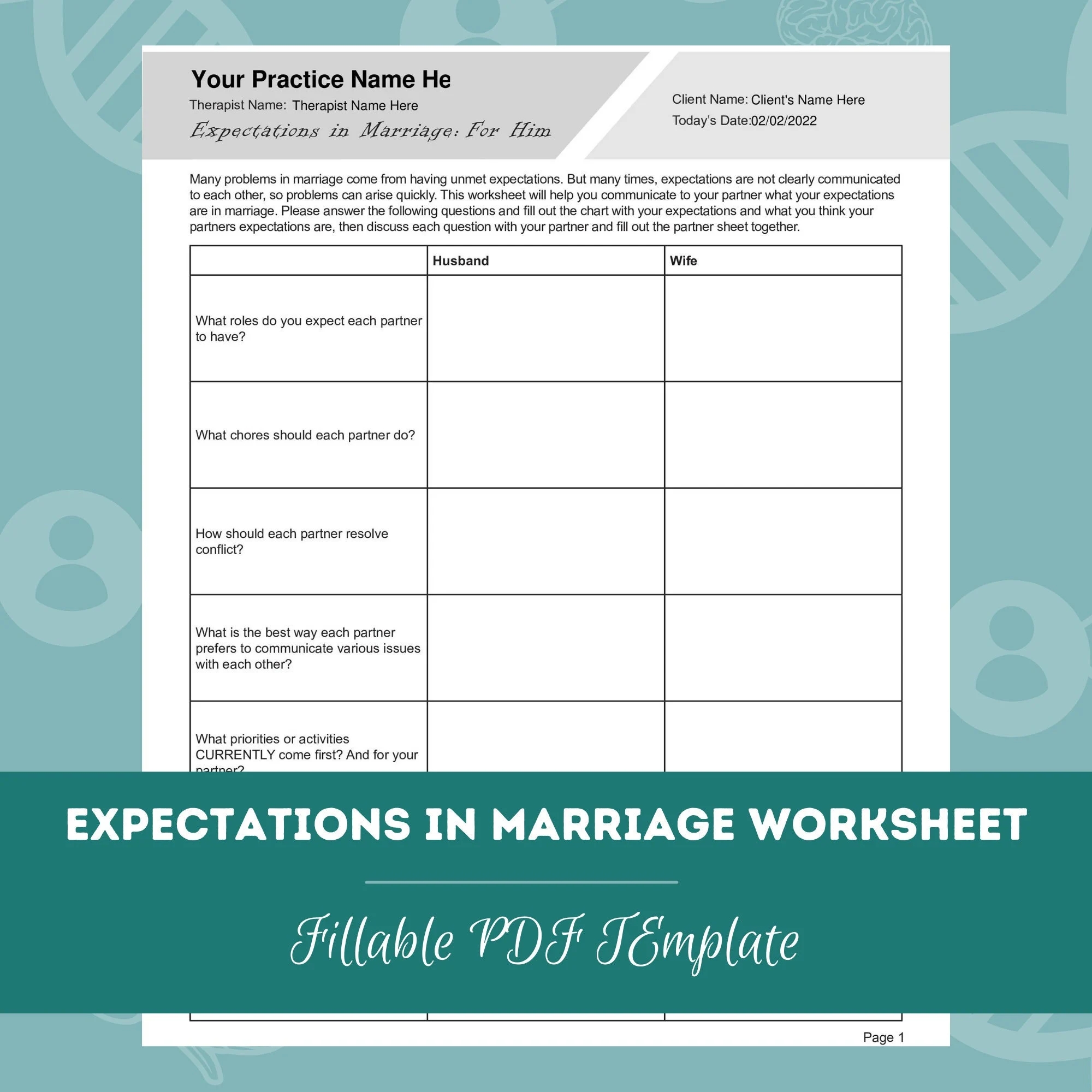 Expectations In Marriage Worksheet Editable Fillable PDF Template For Counselors Psychologists Social Workers Therapists Etsy UK