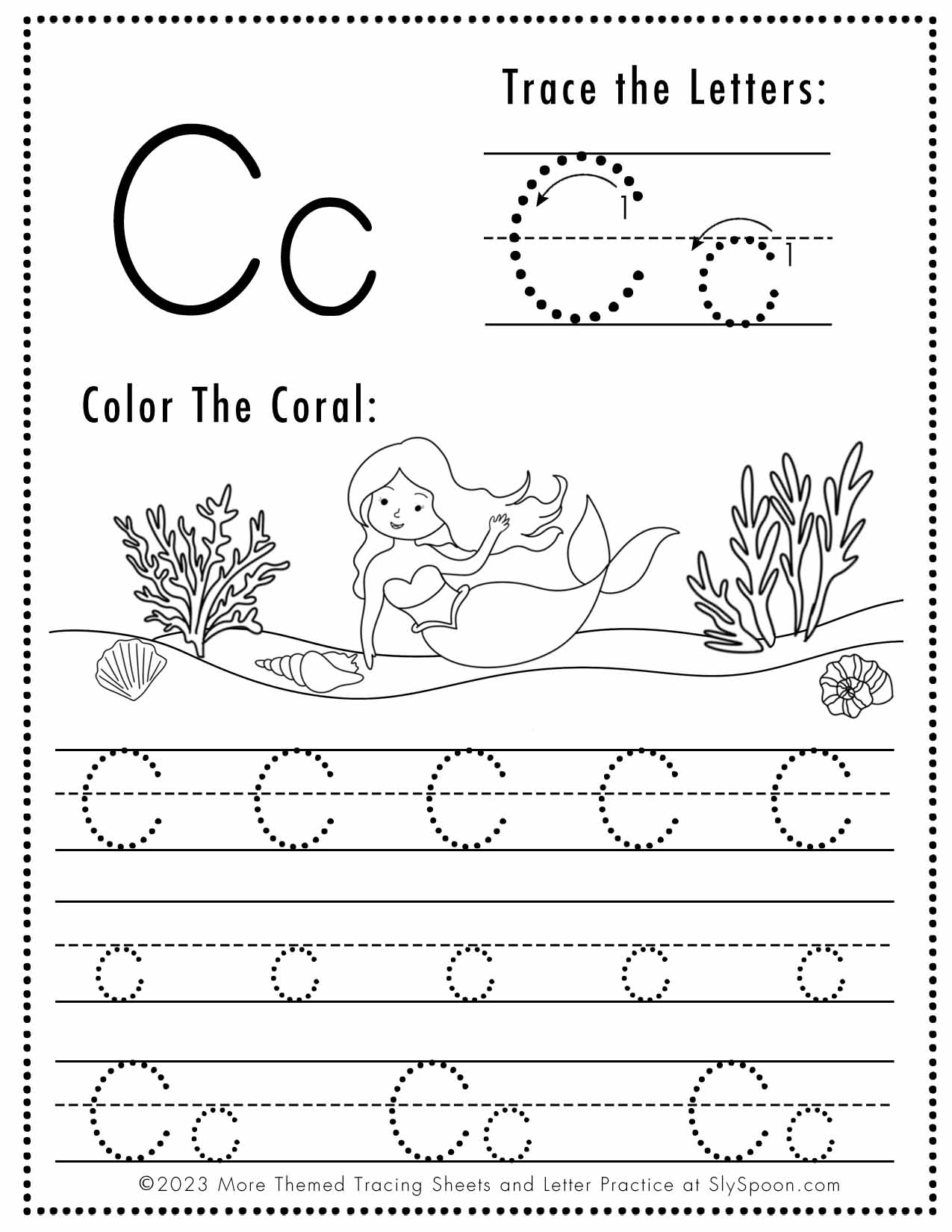 Free Letter C Tracing Worksheets Printable Mermaid Themed Sly 