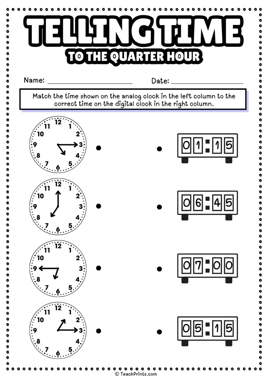 Free Telling Time To The Quarter Hour Worksheets Teach Prints