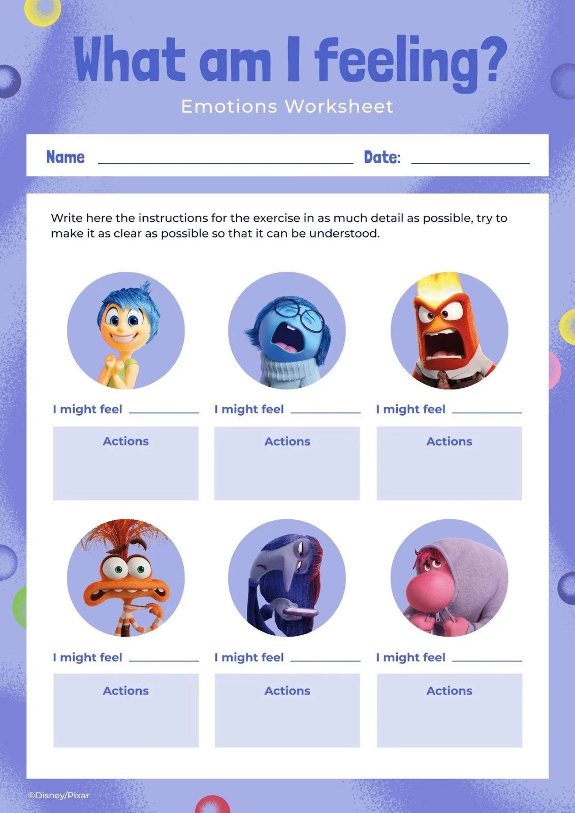 Inside Out 2 Feelings Worksheet Template