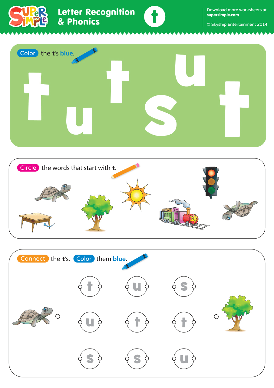 Letter Recognition U0026 Phonics Worksheet T lowercase Super Simple Letter Recognition U0026 Phonics Worksheet T lowercase Super Simple