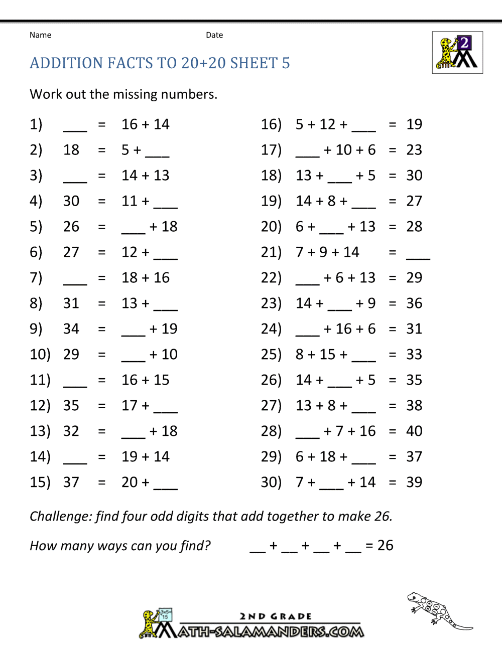 Math Addition Facts To 20