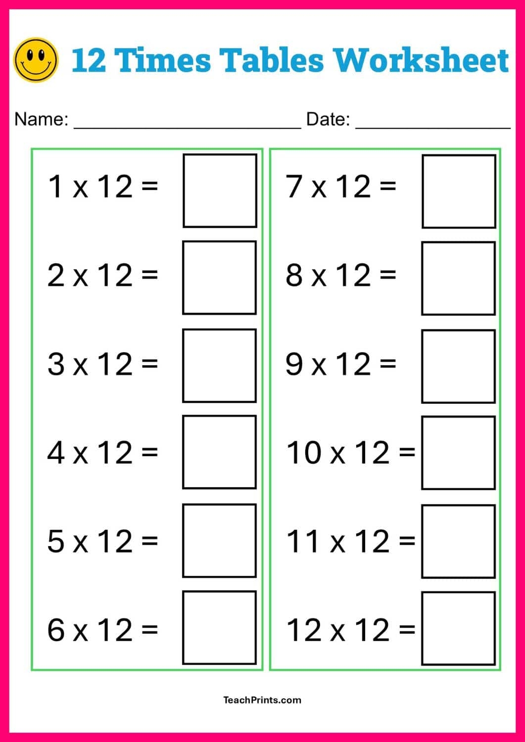 Free Printable Multiplication Worksheets 1 12