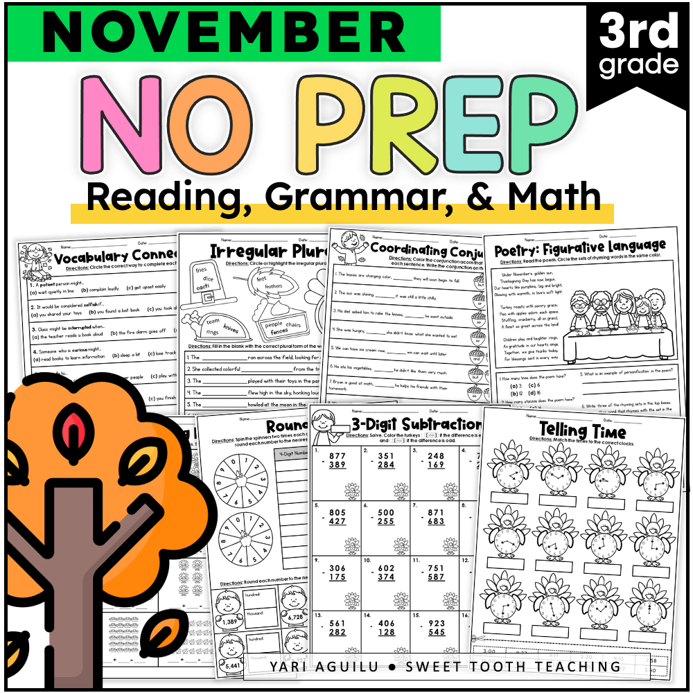 November 3rd Grade Review Worksheets Math Grammar Reading