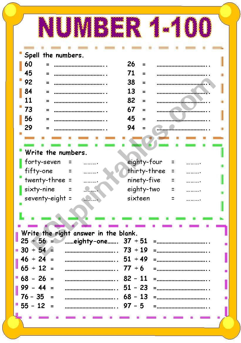 Number 1 100 ESL Worksheet By Sweetdreamja Number 1 100 ESL Worksheet By Sweetdreamja