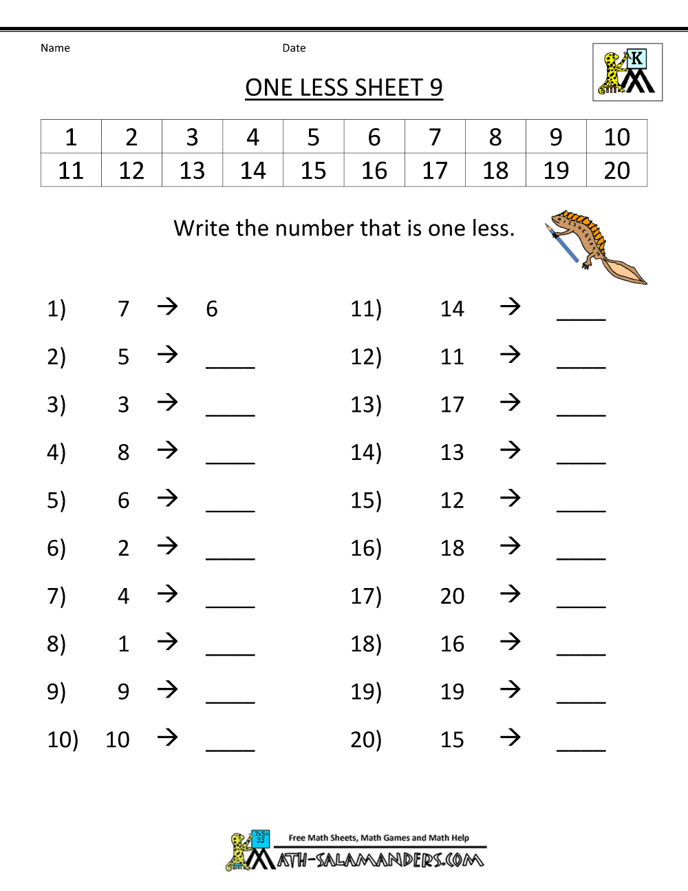 One Less Worksheet