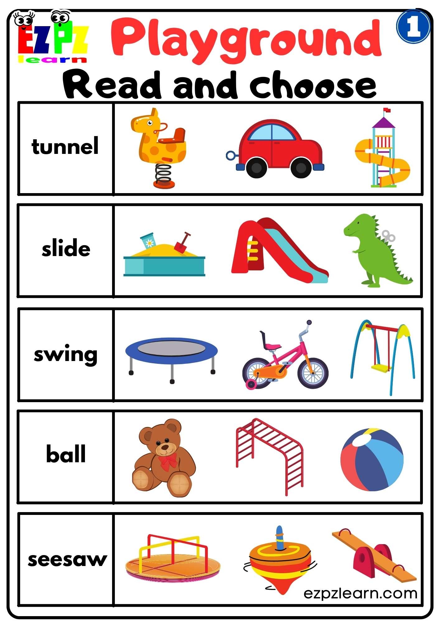 Playground 1 Read And Choose Worksheet For Kindergarten And ESL Students Free PDF Download Ezpzlearn Playground 1 Read And Choose Worksheet For Kindergarten And ESL Students Free PDF Download Ezpzlearn