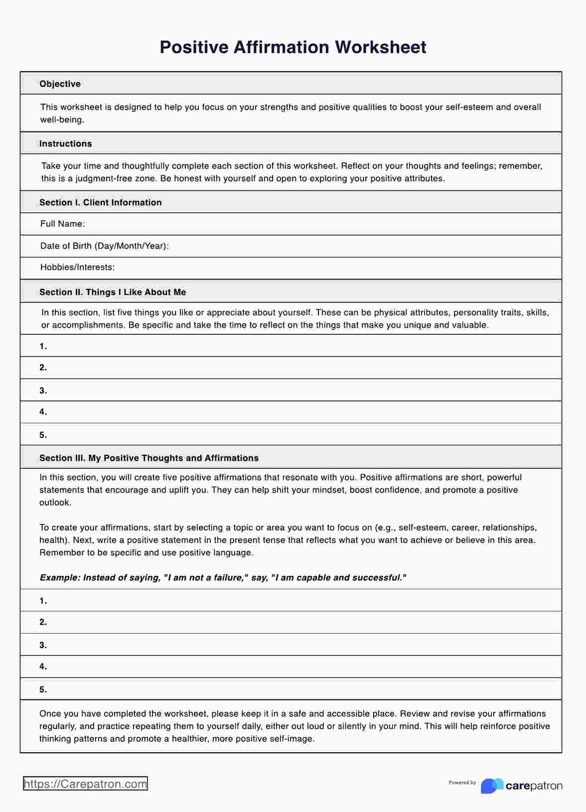 Positive Affirmations Worksheet Example Free PDF Download Positive Affirmations Worksheet Example Free PDF Download