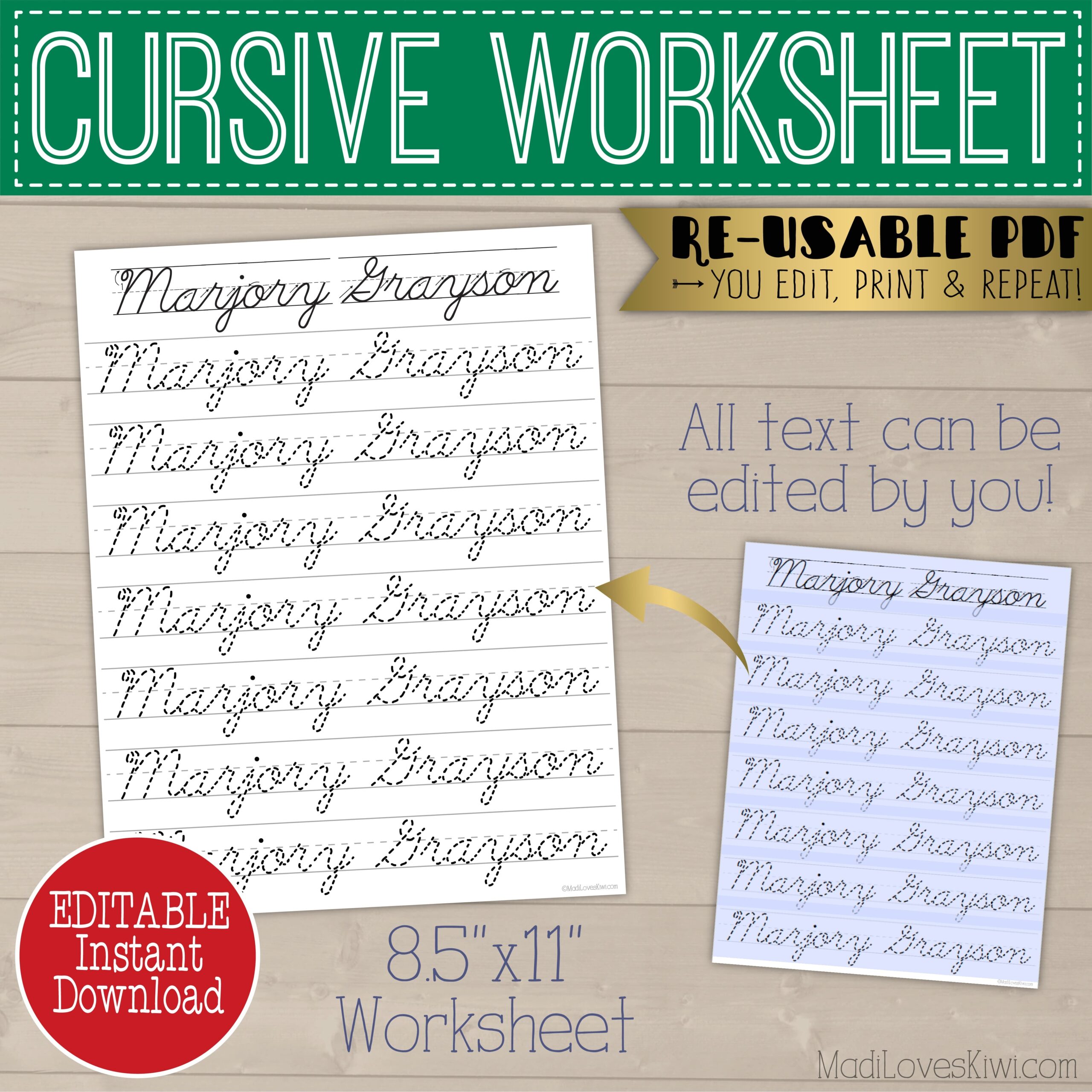 Printable Cursive Name Writing Worksheet Editable Script Handwriting Practice Page Madi Loves Kiwi Digital Downloads