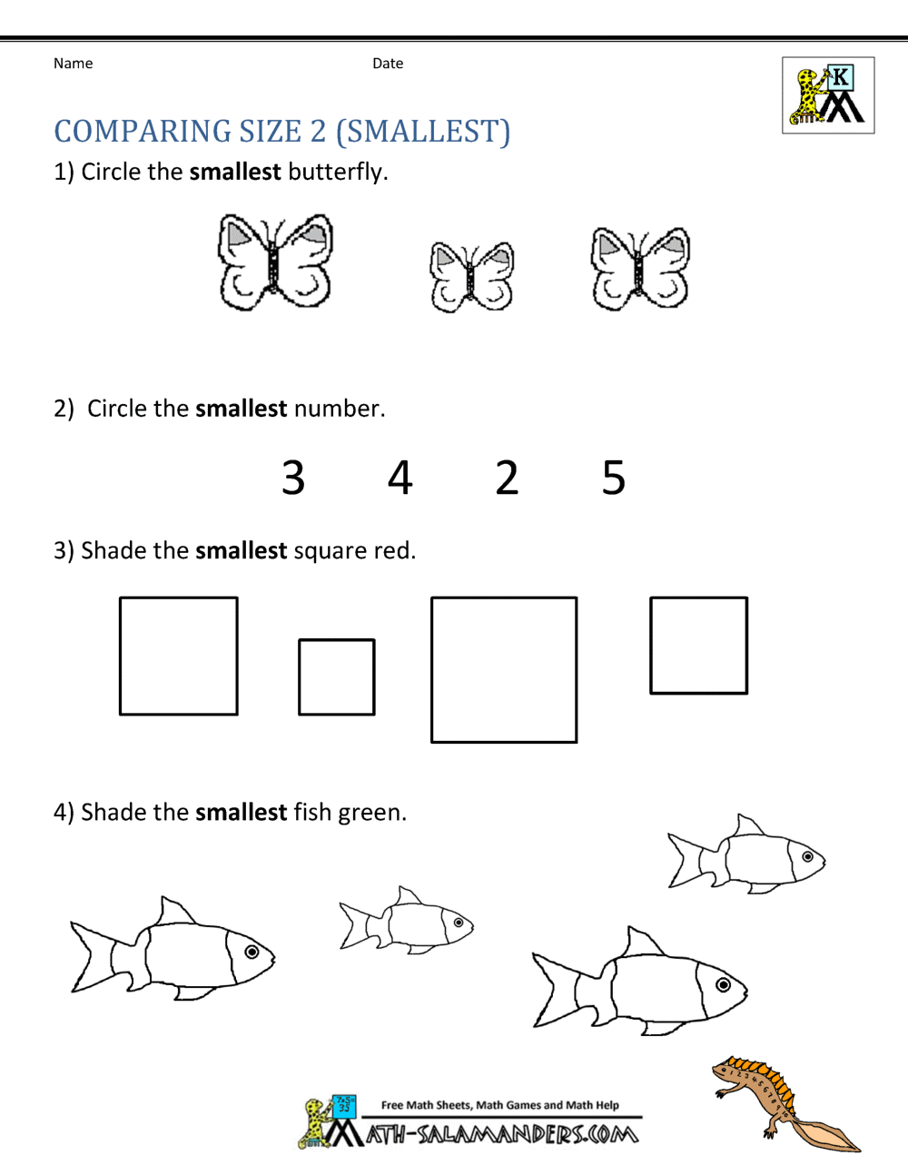 Printable Kindergarten Math Worksheets Comparing Numbers And Size