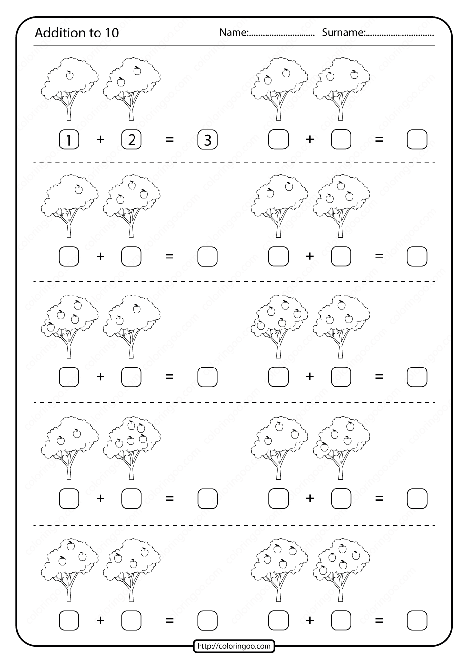 Printable Math Addition To Ten 10 Worksheet
