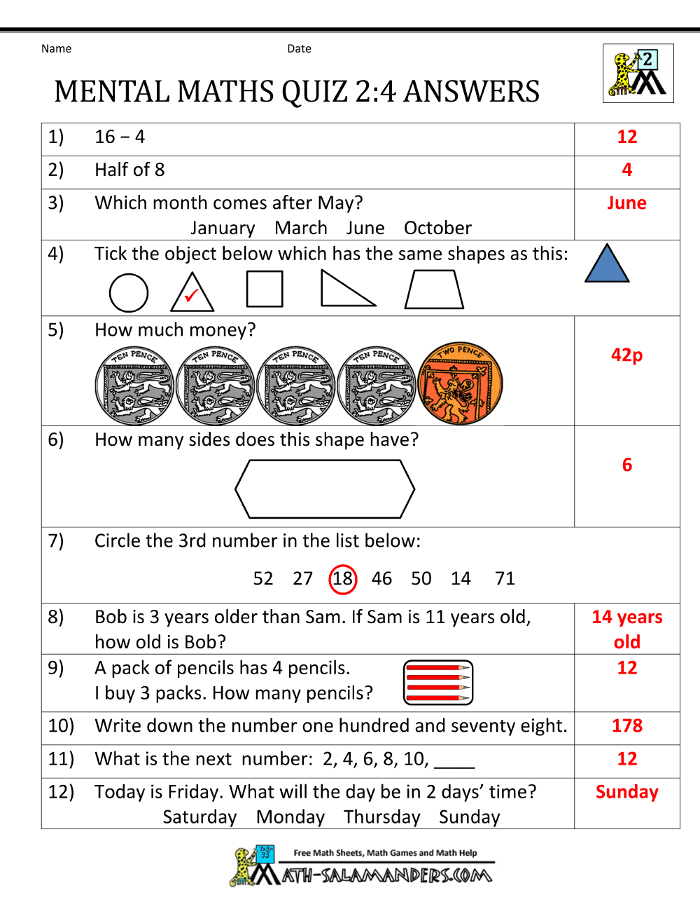 Free Printable 7 Years Old Maths Worksheet