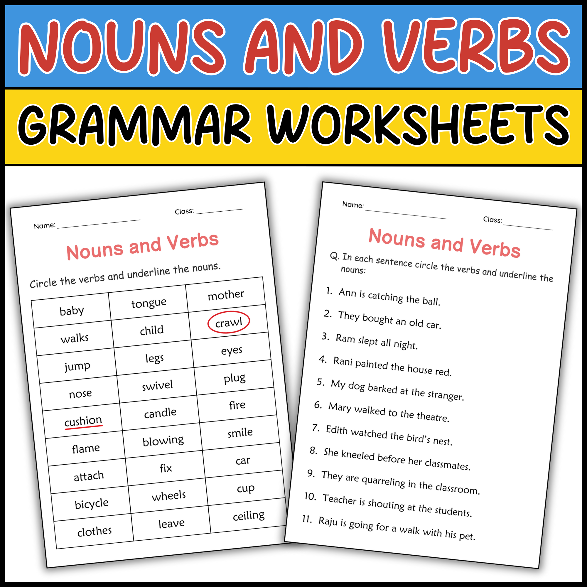 Printable Nouns And Verbs Grammar Worksheets 2nd And 3rd Grade Made By Teachers