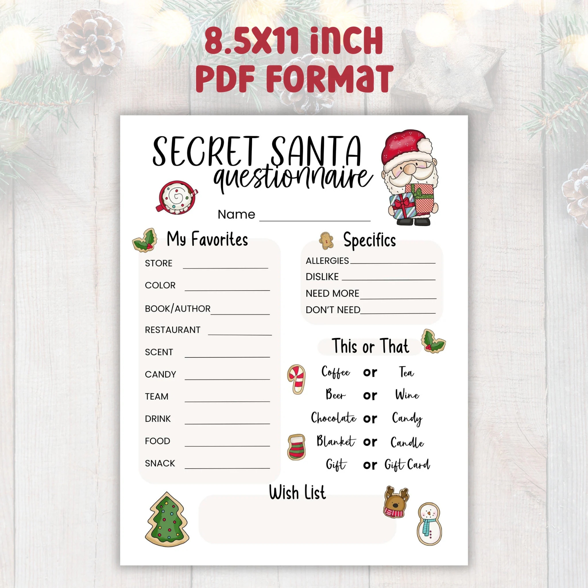 Printable Secret Santa Questionnaire Christmas Holiday Gift 