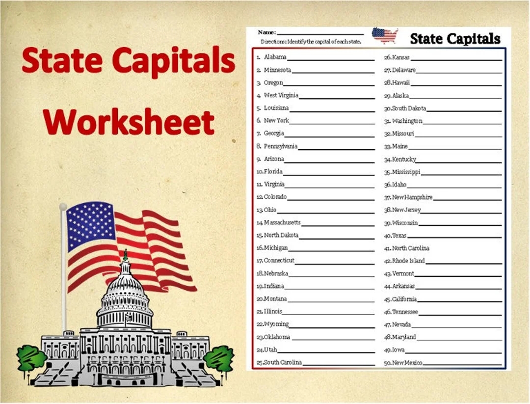 Printable U S State Capitals Worksheet test practice Test social Studies Homework digital Class Worksheets state Capitals Learning Tools Etsy Hong Kong