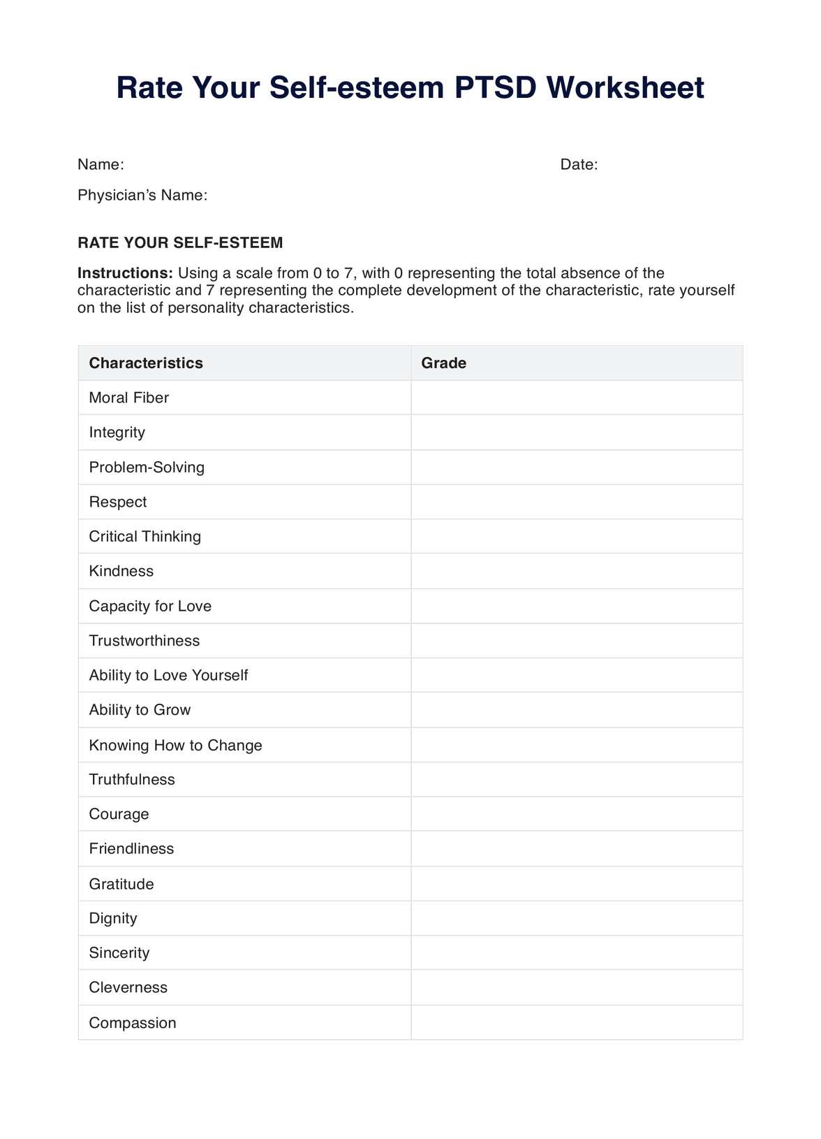 Rate Your Self esteem PTSD Worksheet Example Free PDF Download Rate Your Self esteem PTSD Worksheet Example Free PDF Download