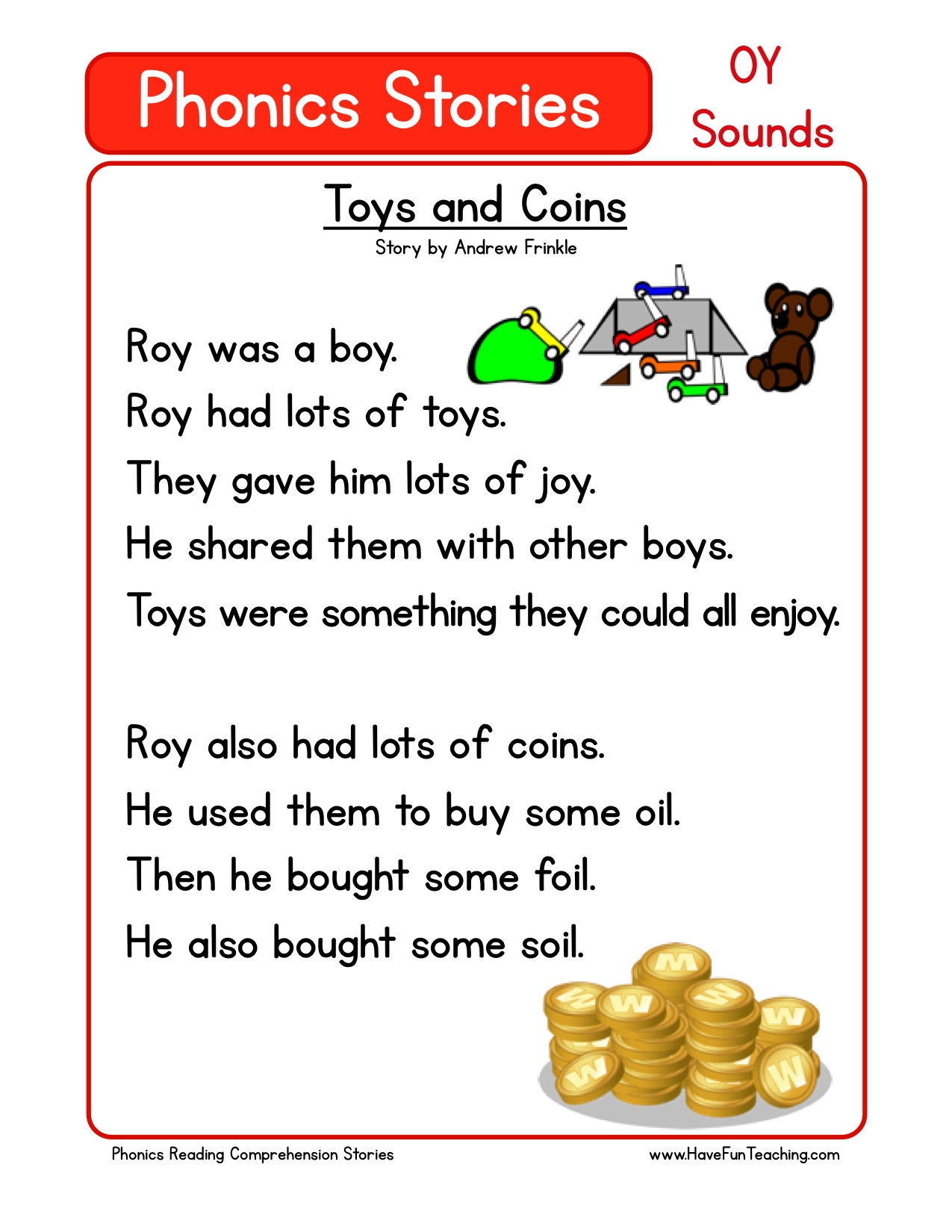 Reading Comprehension Worksheet Toys And Coins