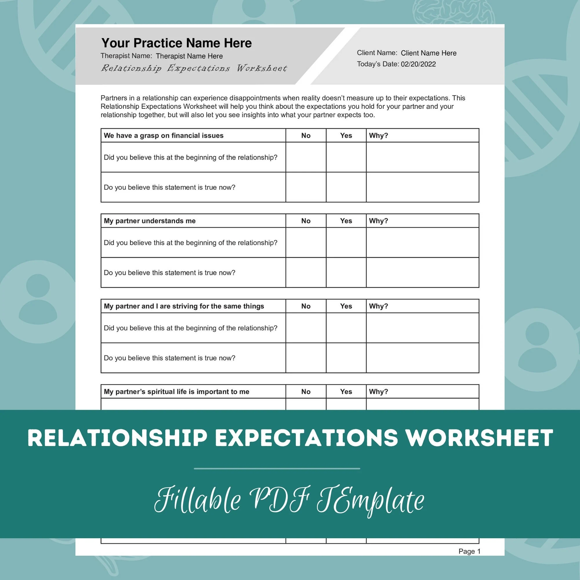Relationship Expectations Worksheet Editable Fillable PDF Template For Counselors Psychologists Therapists Etsy