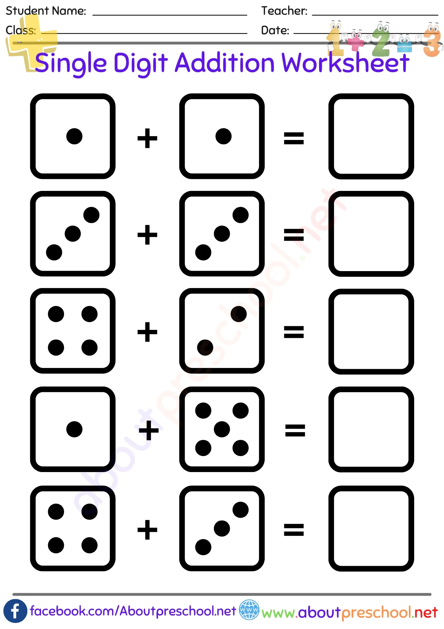 Single Digit Addition Worksheet 9 About Preschool