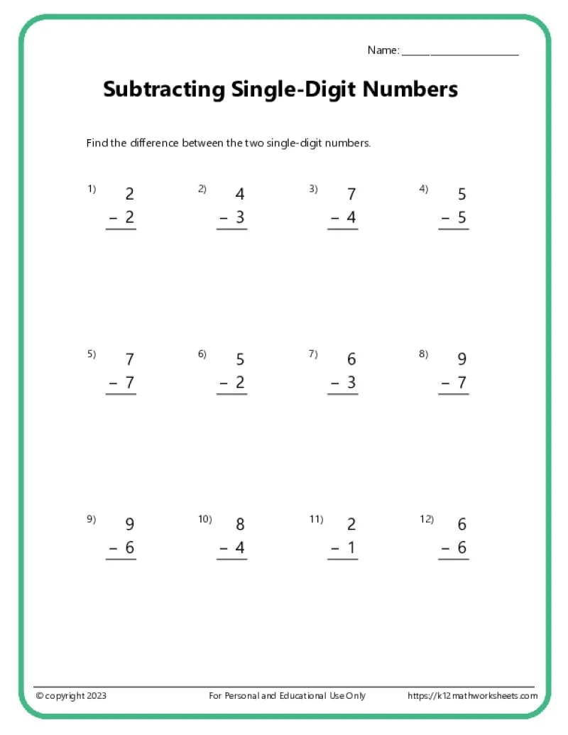 Printable Subtraction Worksheets