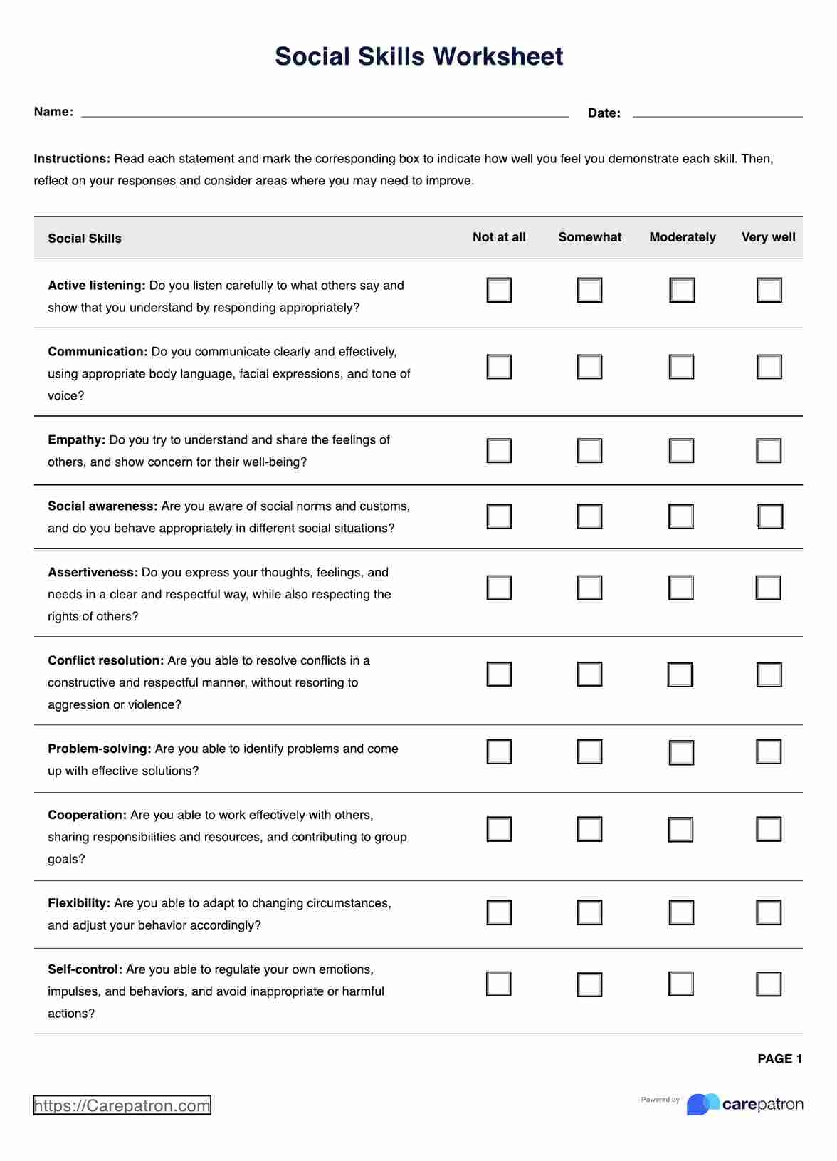 Social Skills Worksheet Example Free PDF Download